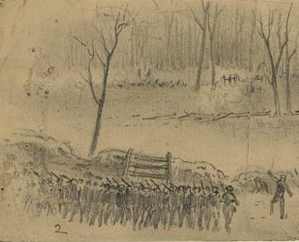 Drawing of soldiers marching.
