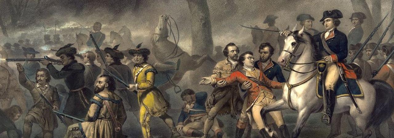 This is an image of George Washington leading his troops into battle on horseback.