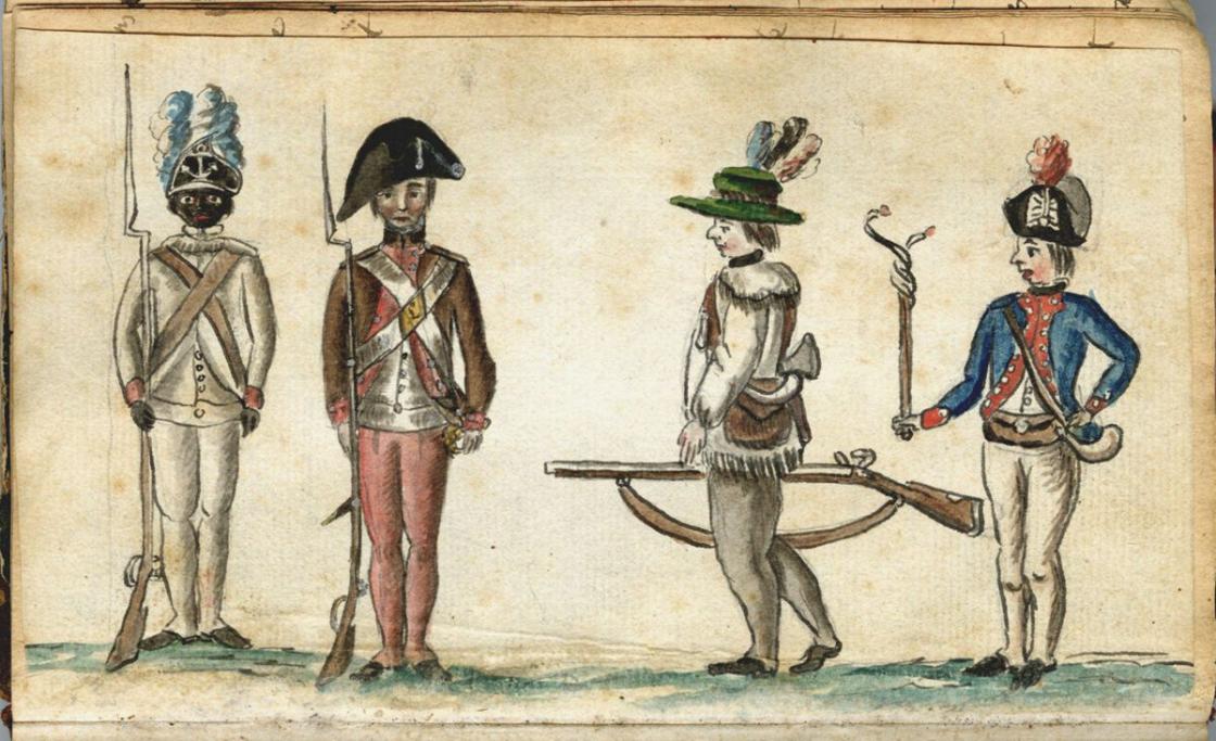 This watercolor depicts an African-American soldier of the Rhode Island Regiment, and three other soldiers in American uniforms.